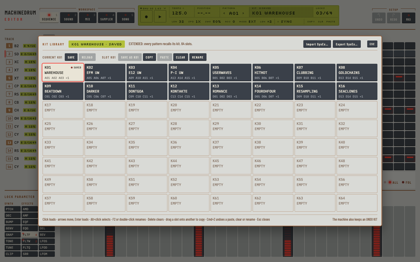 Editor screenshot. Machinedrum kit library: 64 kit slots with names and the patterns that use them.