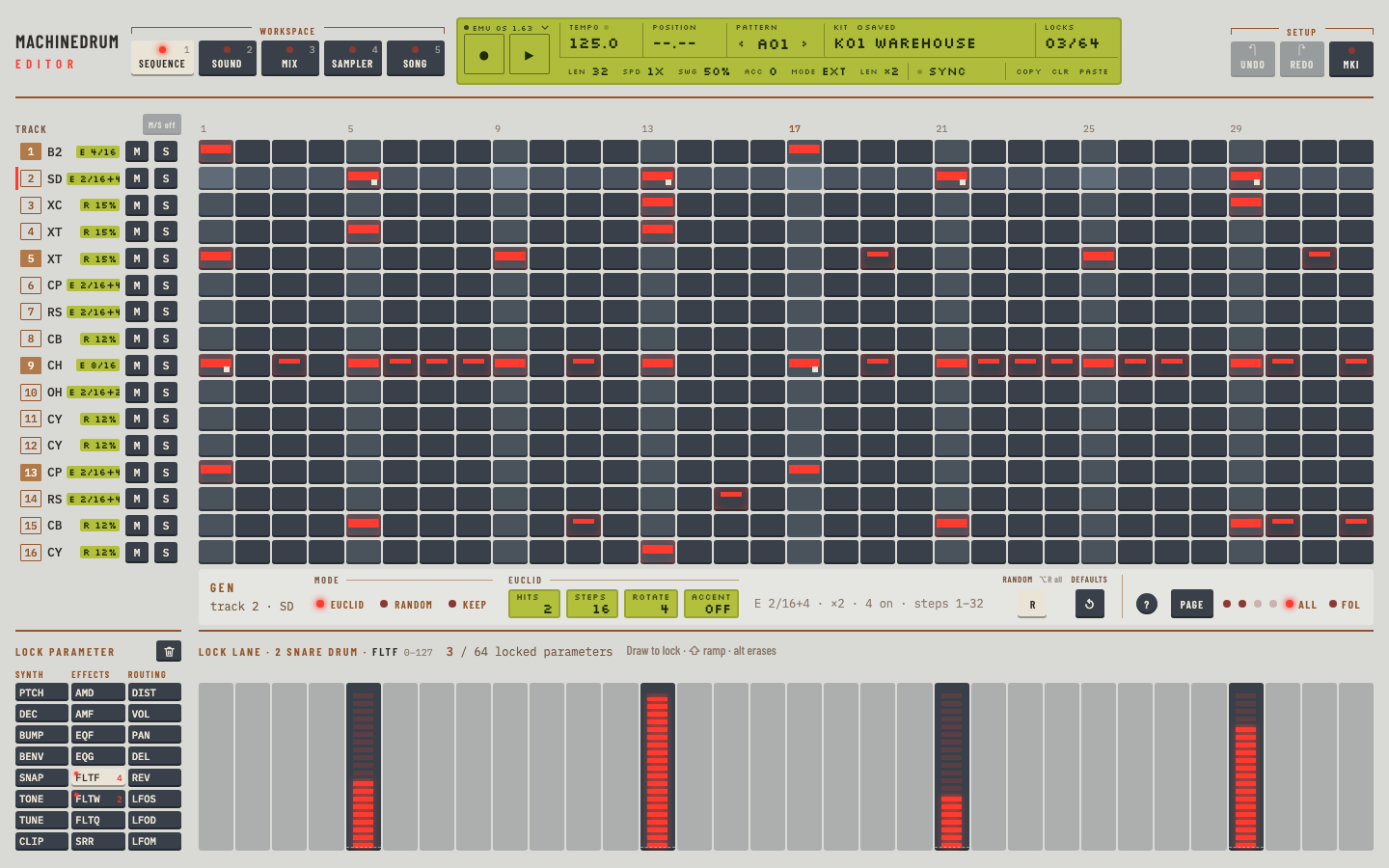 Editor screenshot: the Machinedrum Editor's Sequence workspace on the silver MKI plate. Sixteen tracks on a step grid and a lock lane of drawn filter values.
