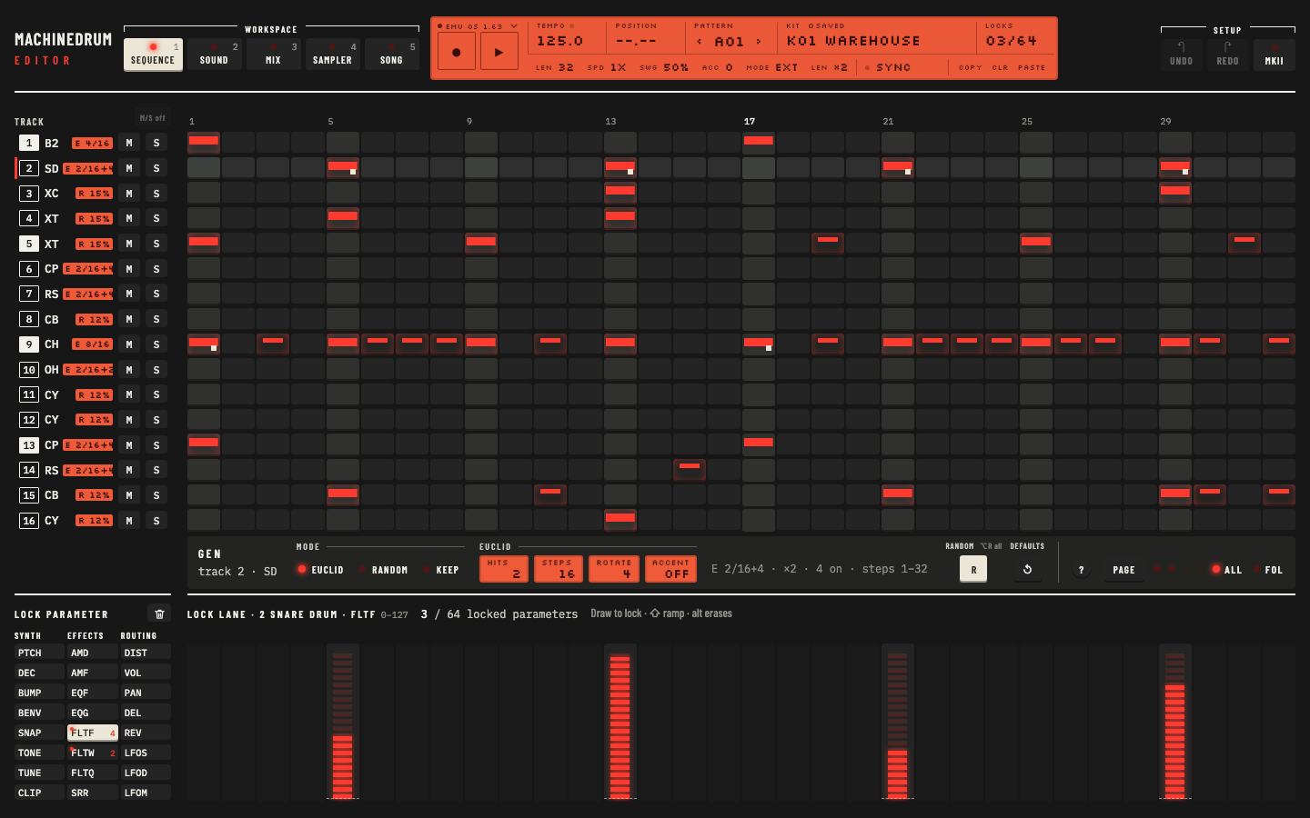 Editor screenshot: the Machinedrum Editor's Sequence workspace on the black MKII plate.