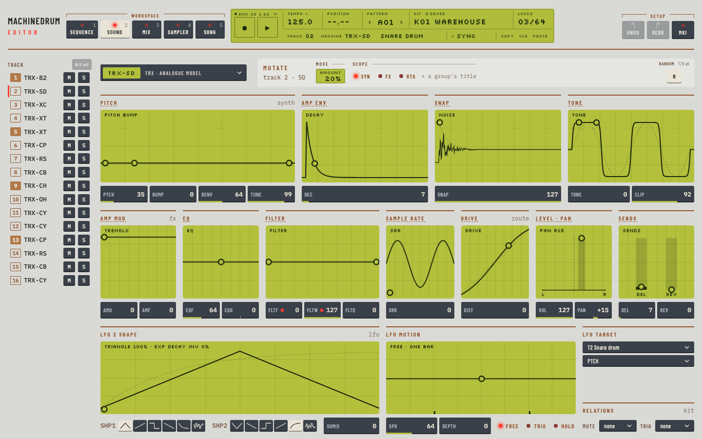 Editor screenshot. Machinedrum Sound workspace: synthesis, effects and routing curves and an LFO for one track.