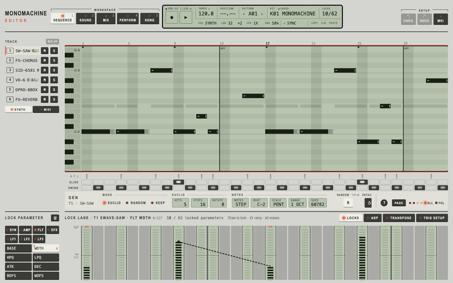 Editor screenshot: the Monomachine Editor's Sequence workspace: a piano roll with slide and swing rows and a lock lane.